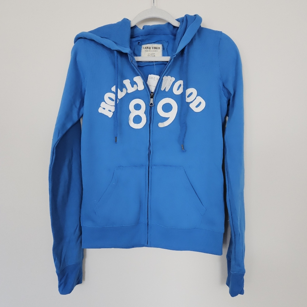 NWT Forever 21 Love Tree Hooded Sweatshirt Hoodie L Large Blue Hollywood 89